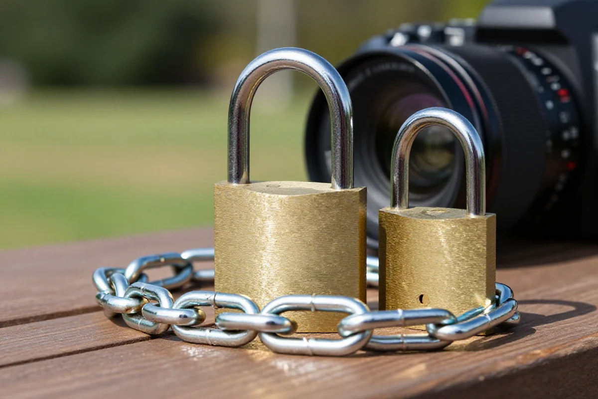 Zamki rowerowe: U-lock premium i zamek łańcuchowy budżetowy na drewnianym tle.