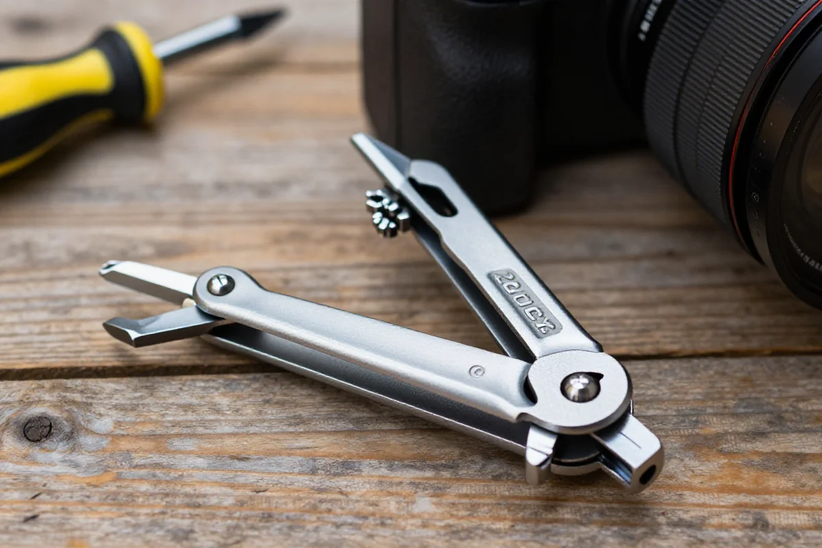 Budżetowe multinarzędzie rowerowe z różnymi funkcjami na drewnianej powierzchni.