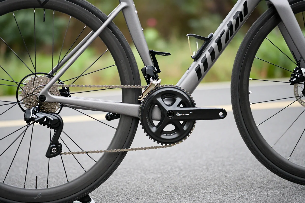 Szczegóły roweru szosowego z naciskiem na komponenty i ramę
