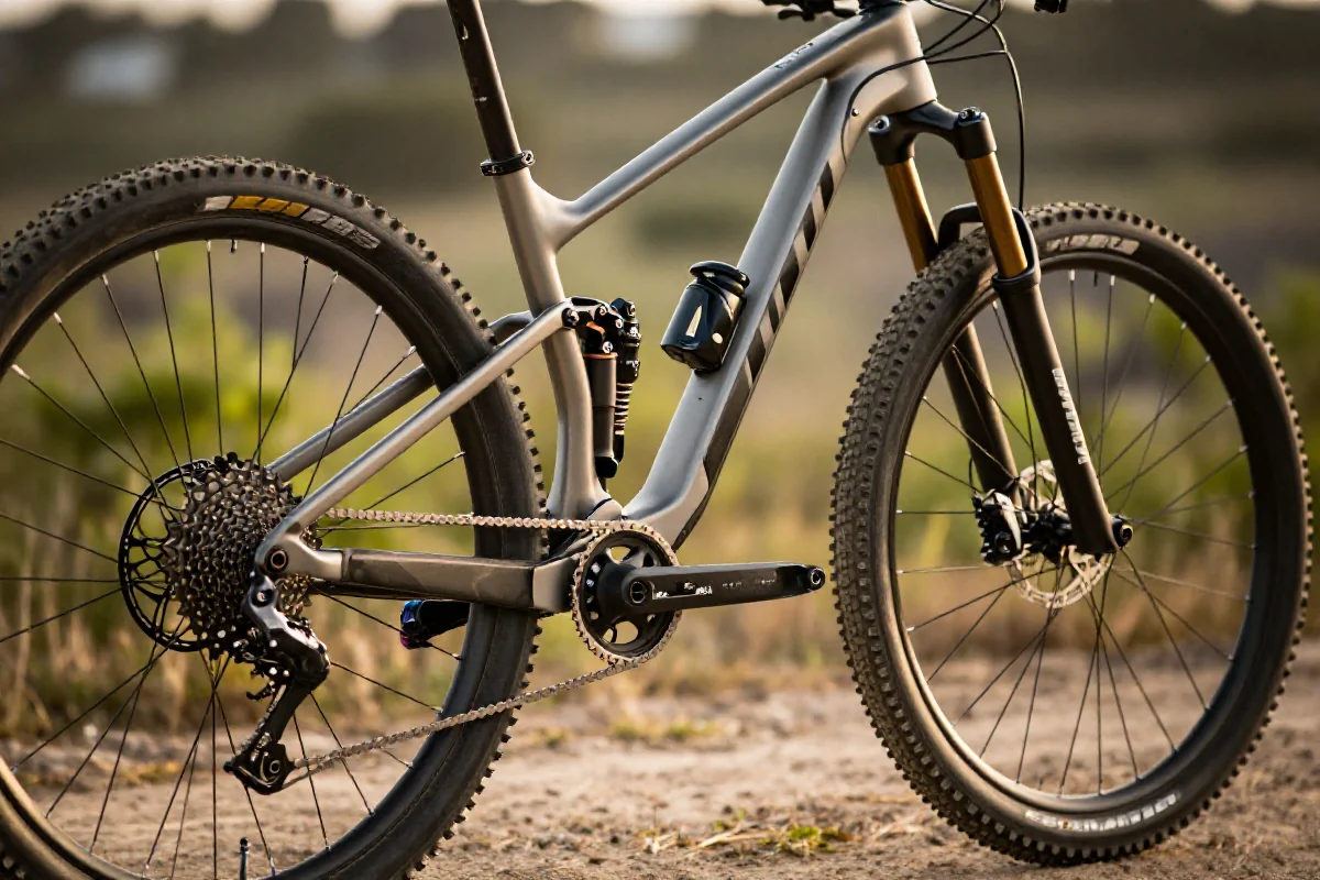 Zbliżenie na rower górski z detalami jego komponentów i ramy.