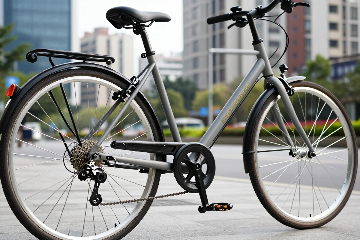 Rower miejski z bliska, ukazujący detale i komponenty rowerowe.