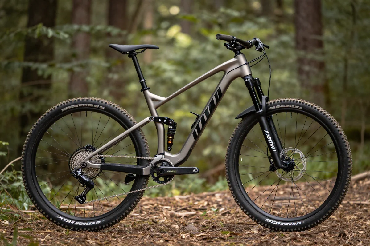 Rower górski MTB w naturalnym otoczeniu, z widocznymi detalami technicznymi.