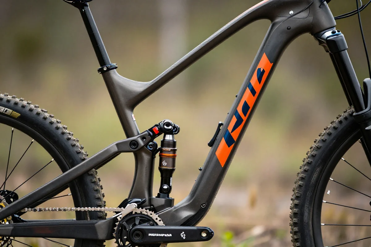 Bliska fotografia ramy roweru górskiego, ukazująca detale i komponenty.