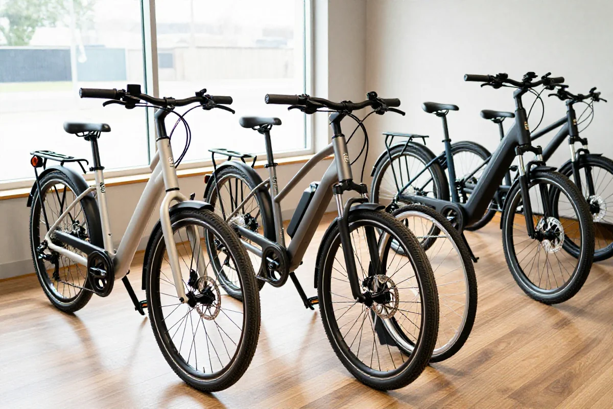 Różne modele rowerów elektrycznych w showroomie, segmenty cenowe 2026.