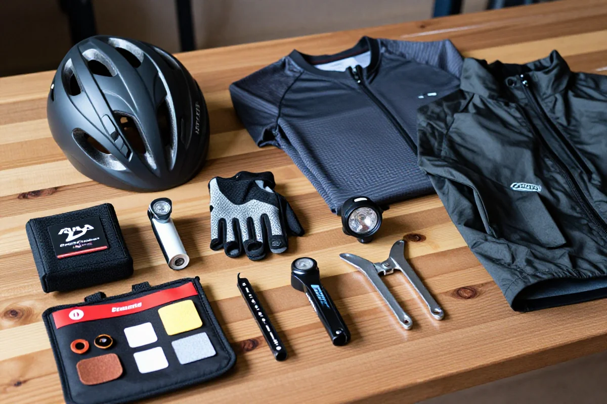 Podstawowy zestaw akcesoriów rowerowych dla początkujących rowerzystów górskich.