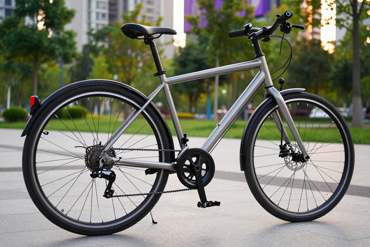 Rower miejski w parku, z aluminiową ramą i systemem hamulców V-brake.