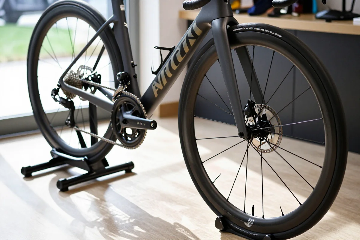 Rower szosowy w warsztacie, z widocznymi detalami serwisowymi i komponentami.