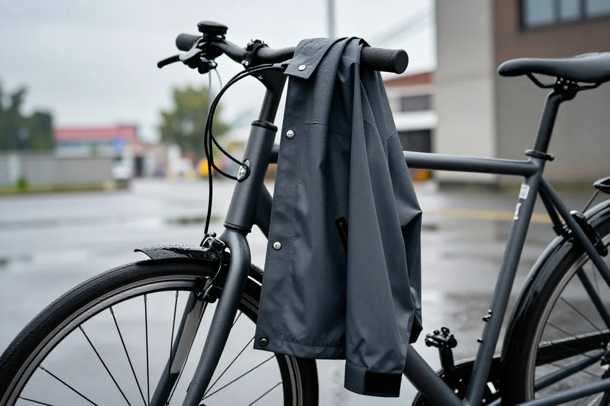 Budżetowa odzież przeciwdeszczowa na kierownicy roweru miejskiego w deszczowej scenerii