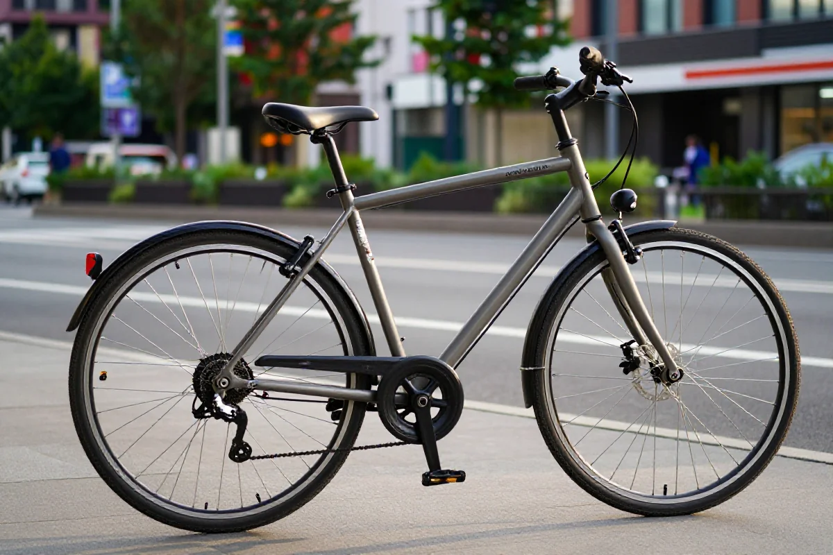 Budżetowy rower miejski w miejskim otoczeniu, idealny do codziennych dojazdów.