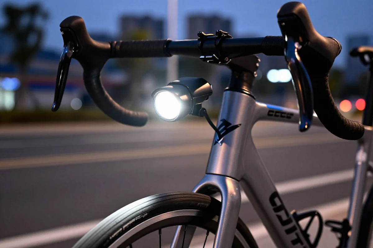 Budżetowe oświetlenie roweru na noc, lampka na kierownicy w mieście.