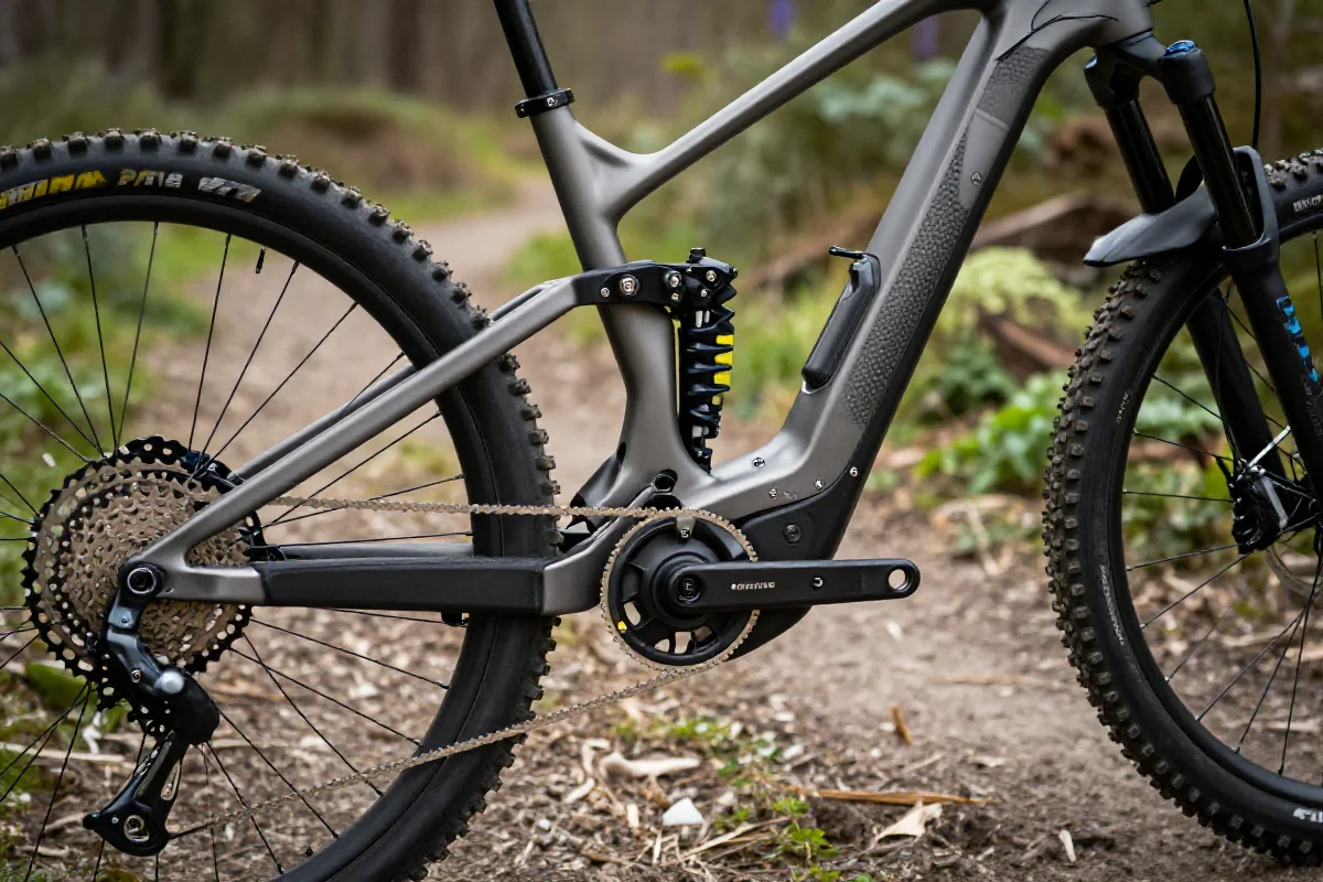 Elektryczny rower górski z zaawansowanymi komponentami na szlaku