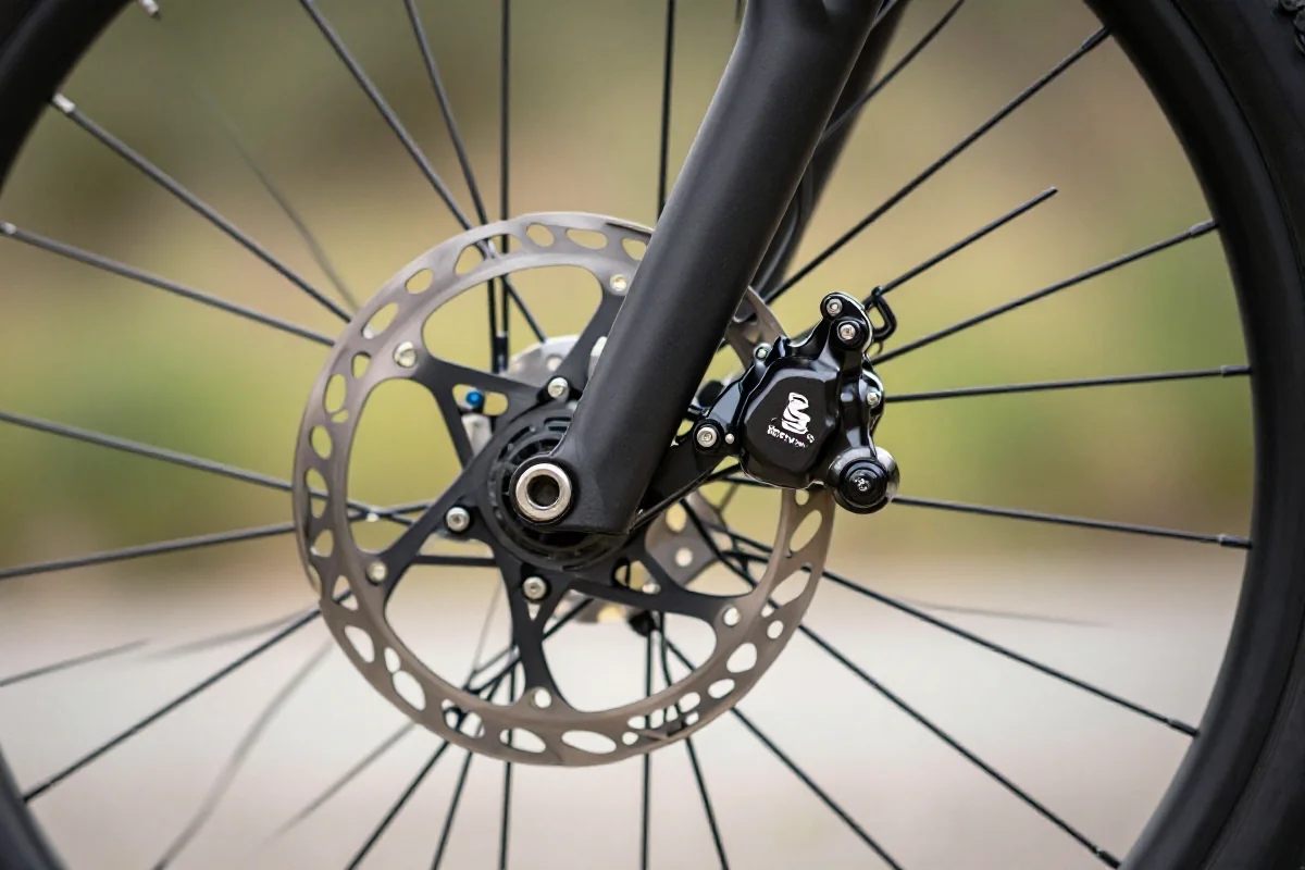 Szczegółowy widok na system hamulcowy roweru górskiego z tarczami i zaciskami.