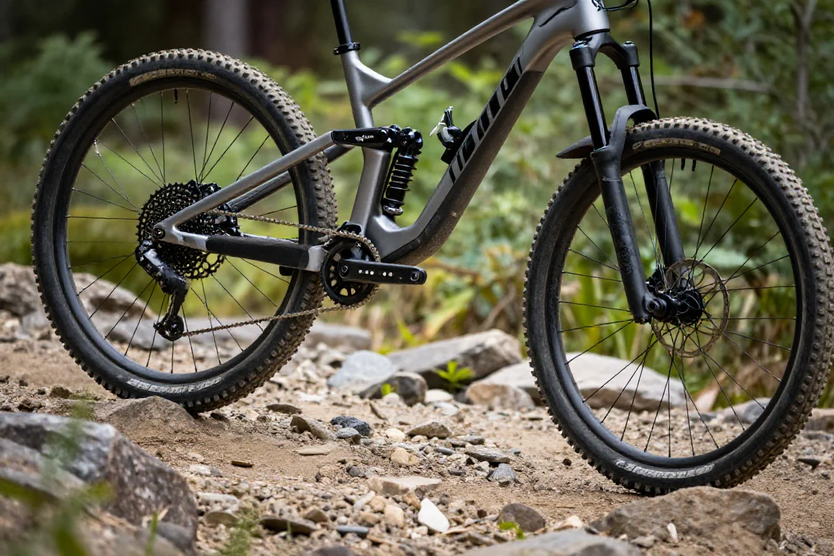 Rower górski na kamienistej trasie, pokazujący technikę unoszenia przedniego koła.