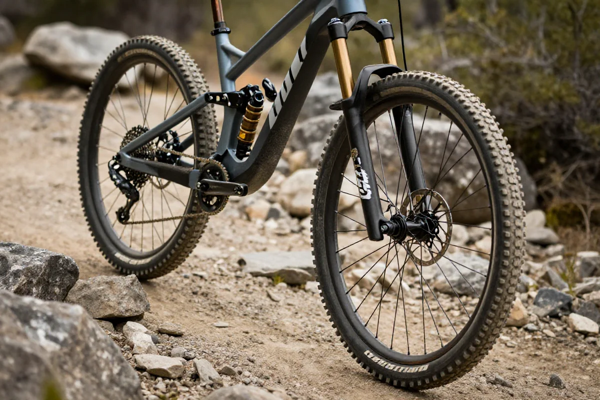 Szczegółowy widok roweru górskiego na szlaku, idealny do treningu bunny hop.
