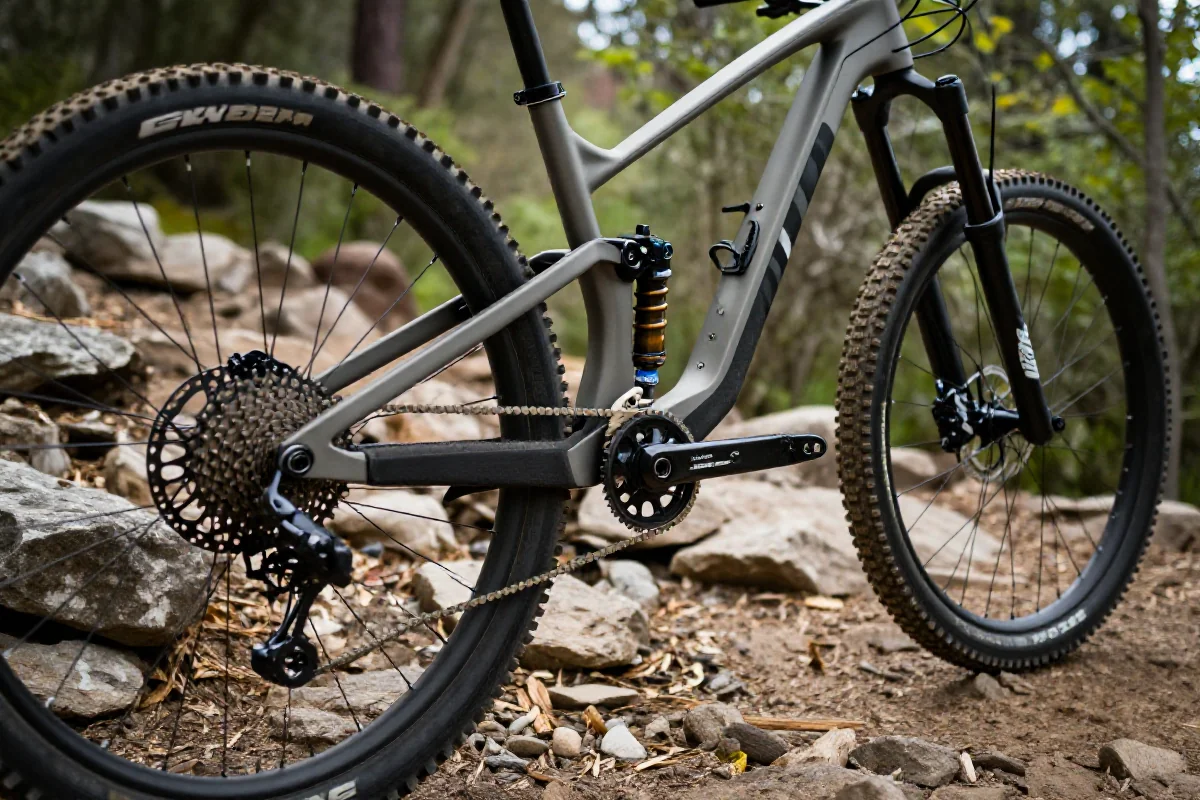 Szczegółowy widok na rower górski na skalistej trasie MTB.