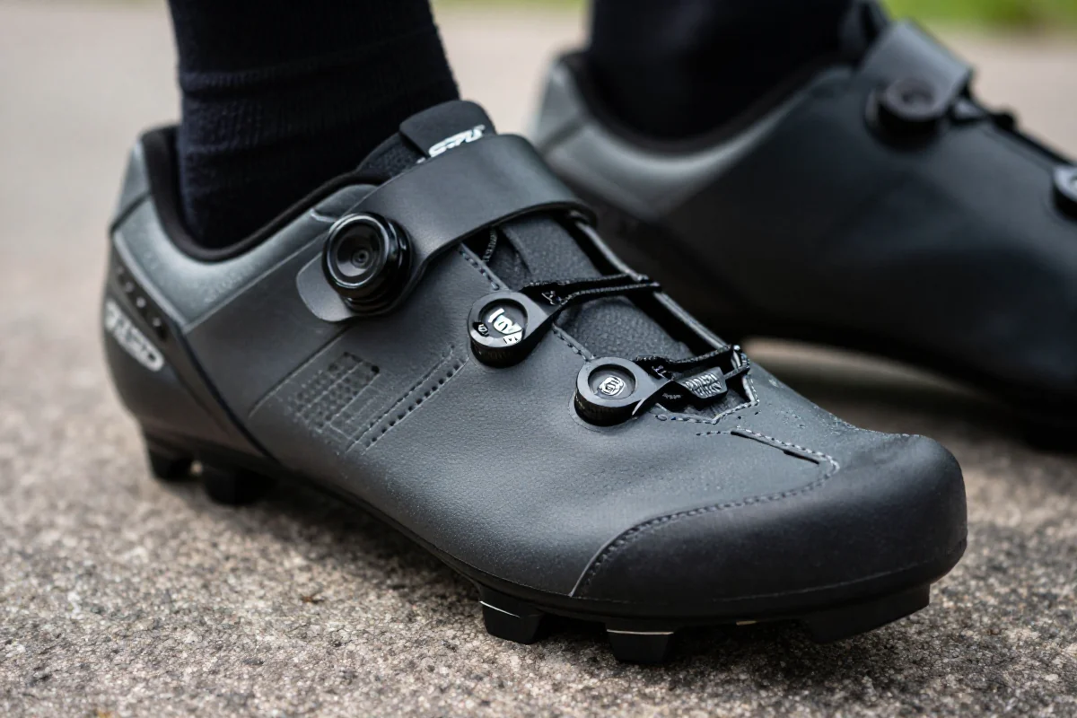 Buty automatyczne MTB z systemem SPD i cleats na teksturowanej powierzchni.