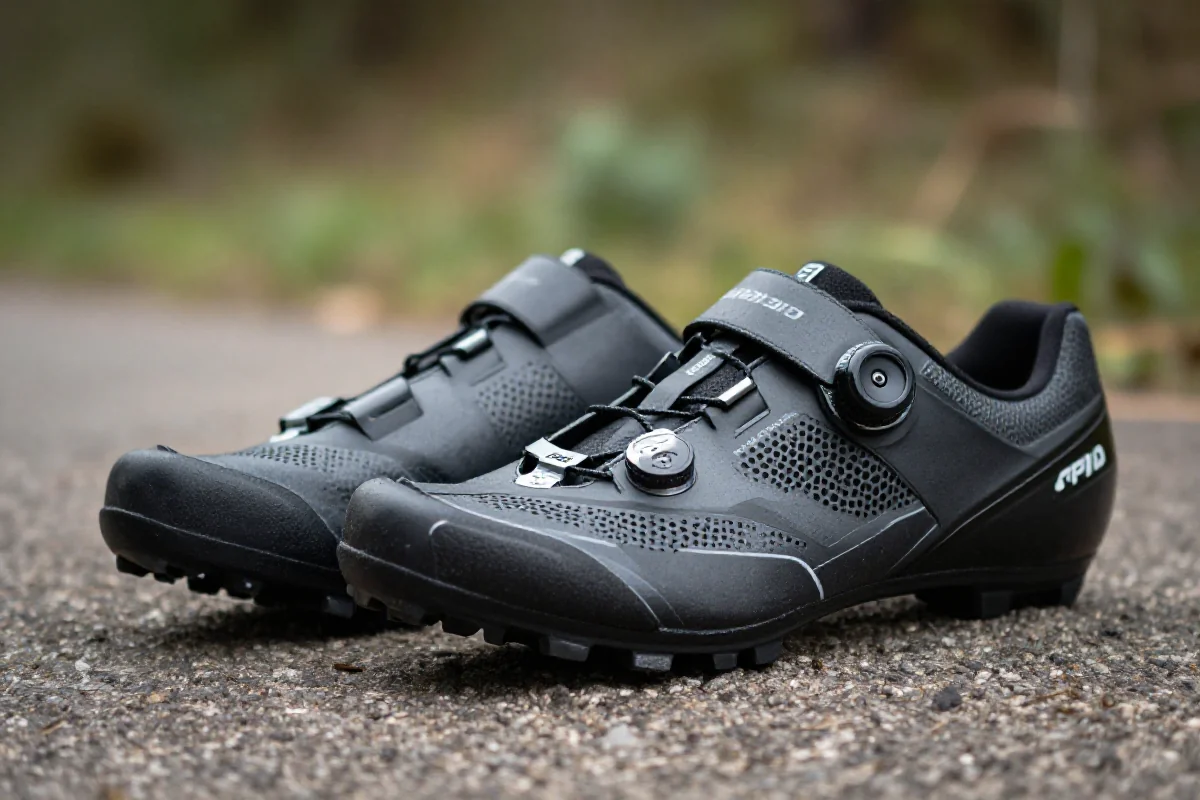 Buty bikepacking na zewnątrz, prezentujące cechy i trwałość materiałów.