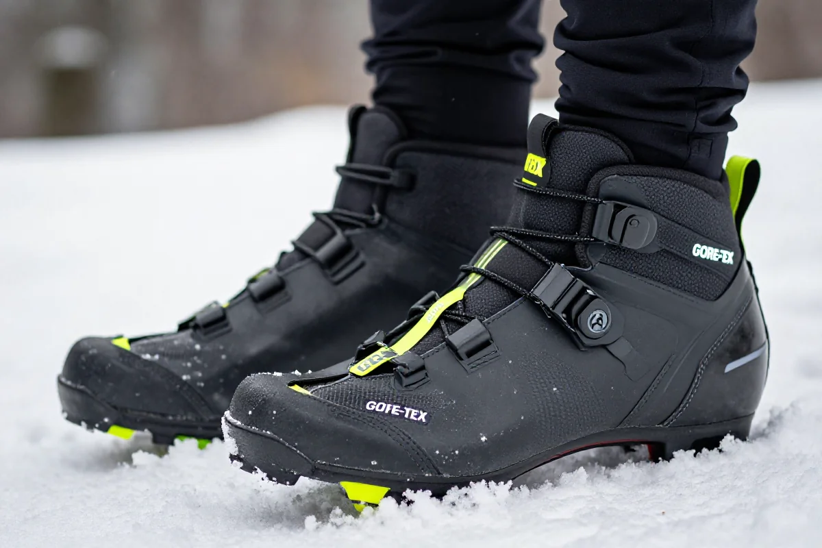 Buty MTB na zimę z wodoodporną membraną GORE-TEX na tle śniegu.