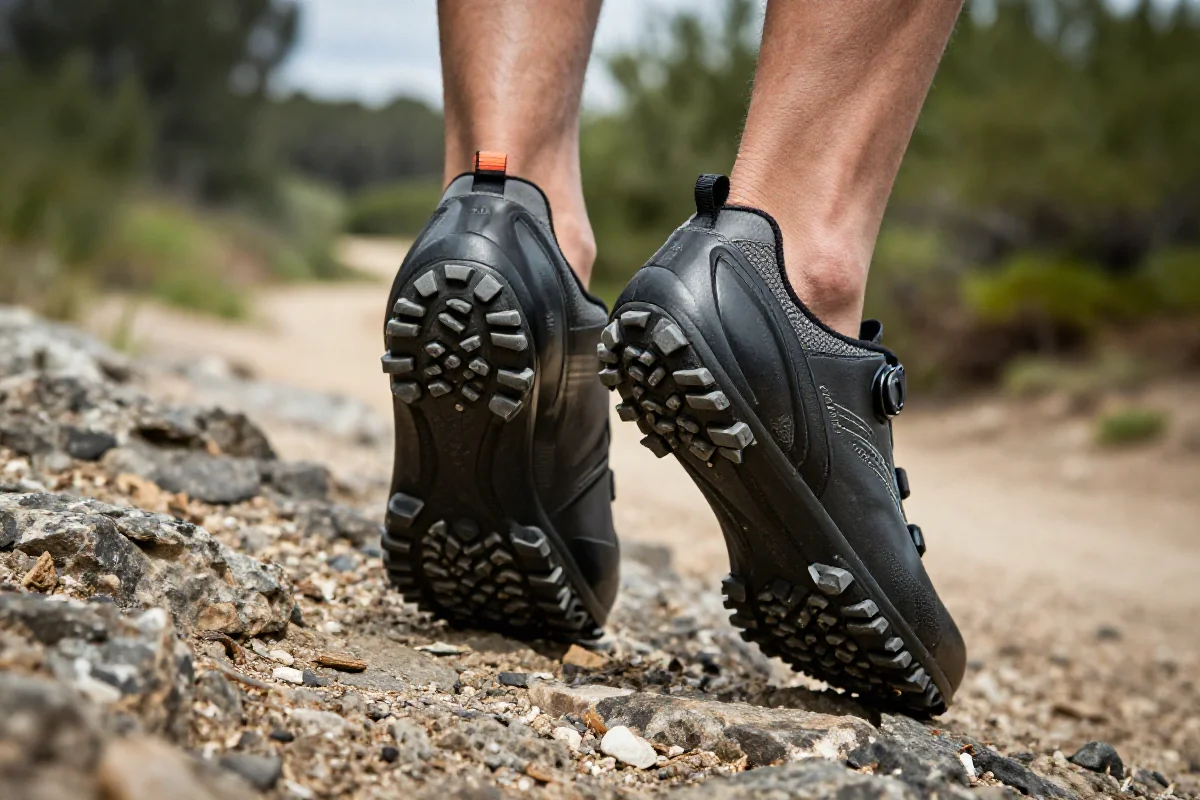 Buty MTB na skalistym terenie, idealne do jazdy w trudnych warunkach.