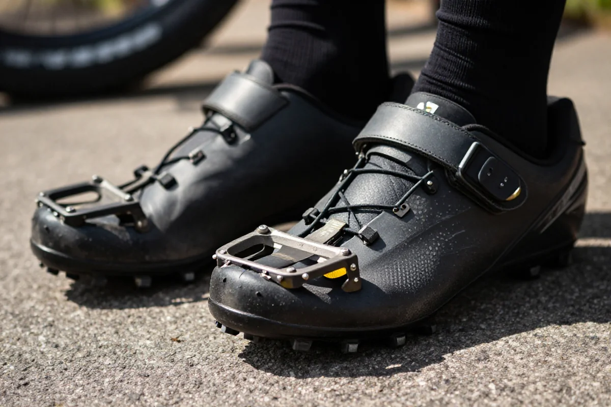 Buty platformowe MTB z gumową podeszwą i pinami dla lepszej przyczepności.