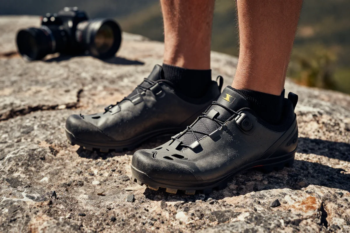 Buty platformowe MTB na skalistym terenie, ukazujące ich wysoką przyczepność.