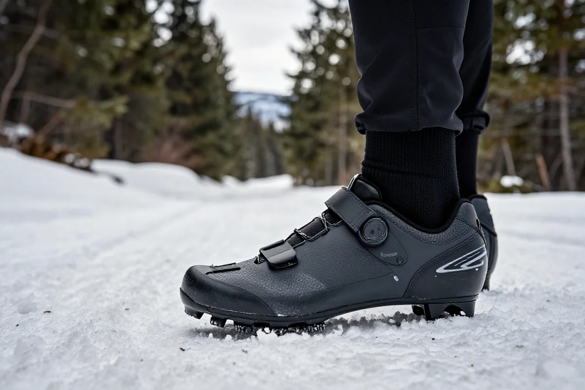 Zimowe buty MTB na śnieżnym szlaku, doskonała izolacja i wodoodporność.