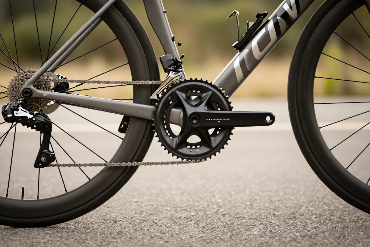 Bliska fotografia roweru szosowego z widocznymi korbami i przerzutkami.