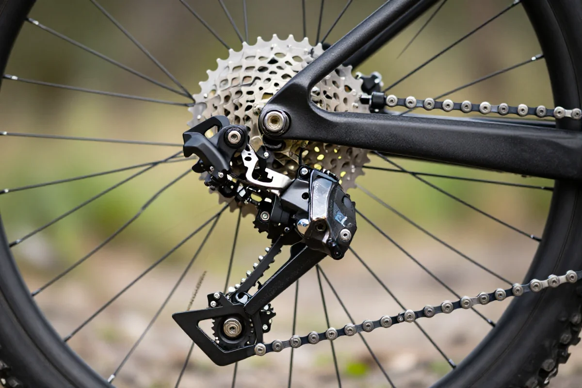 Zbliżenie na przerzutkę roweru górskiego, ukazujące długość wózka i pojemność.