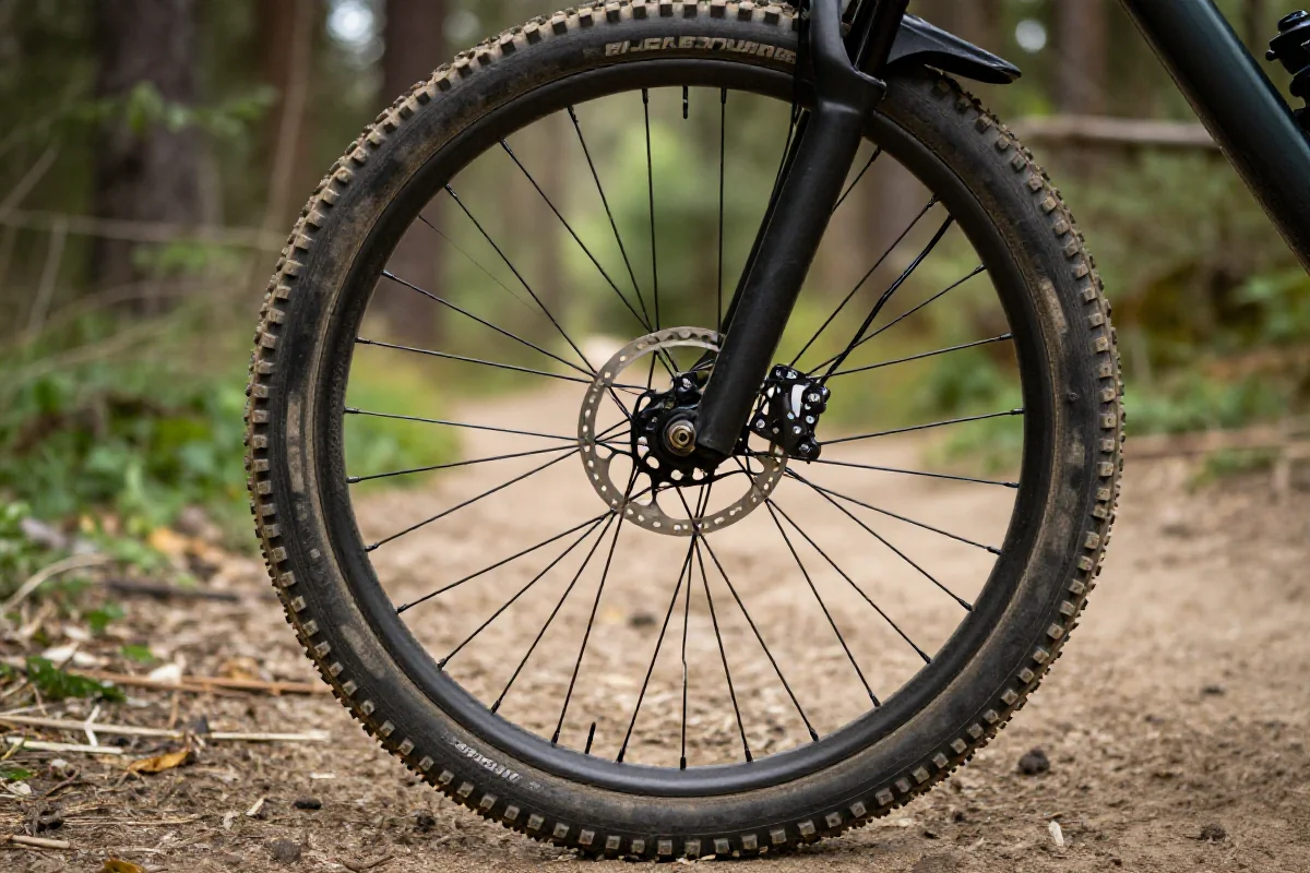 Zbliżenie na koło roweru górskiego 26 cali na leśnej ścieżce.