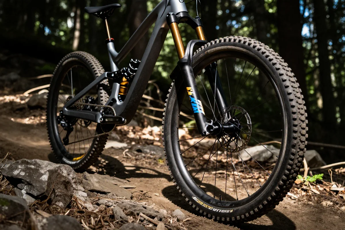 Nowoczesny rower górski z kołami 29 cali na skalistej trasie leśnej.