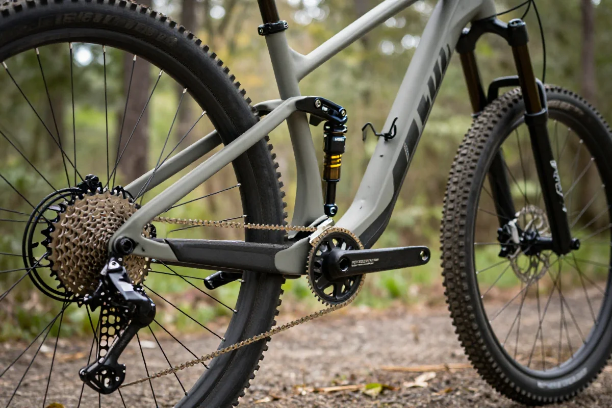 Szczegóły roweru górskiego z widocznymi komponentami i ramą w plenerze.