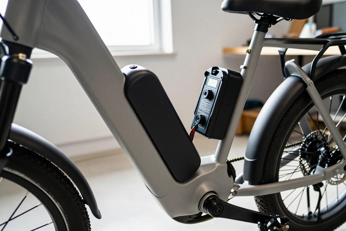 Szczegółowy widok komponentów roweru elektrycznego, w tym baterii i silnika.