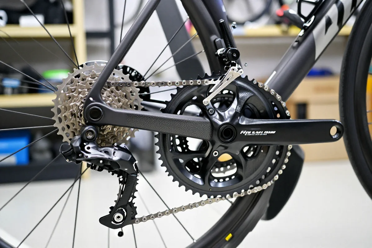 Detale osprzętu rowerowego, kaseta 12-biegowa i mechaniczna przerzutka.