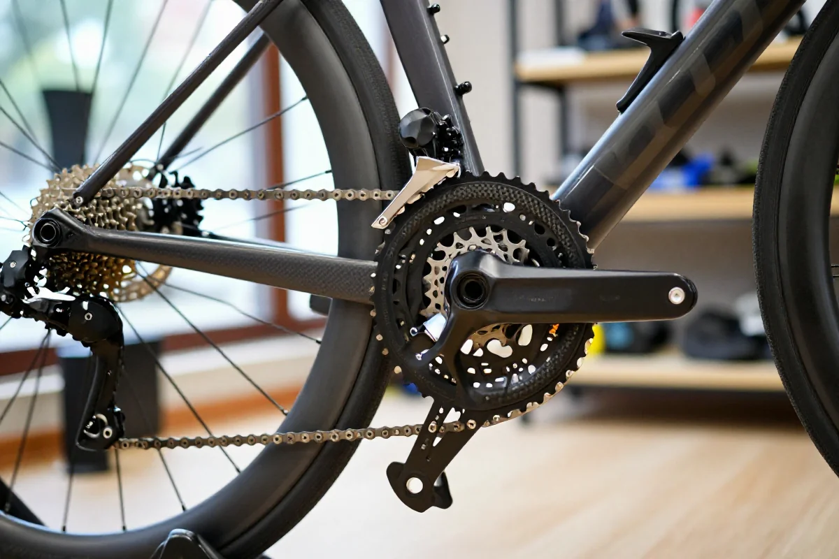 Zbliżenie na osprzęt rowerowy Campagnolo w warsztacie, ukazujące detale przekładni.