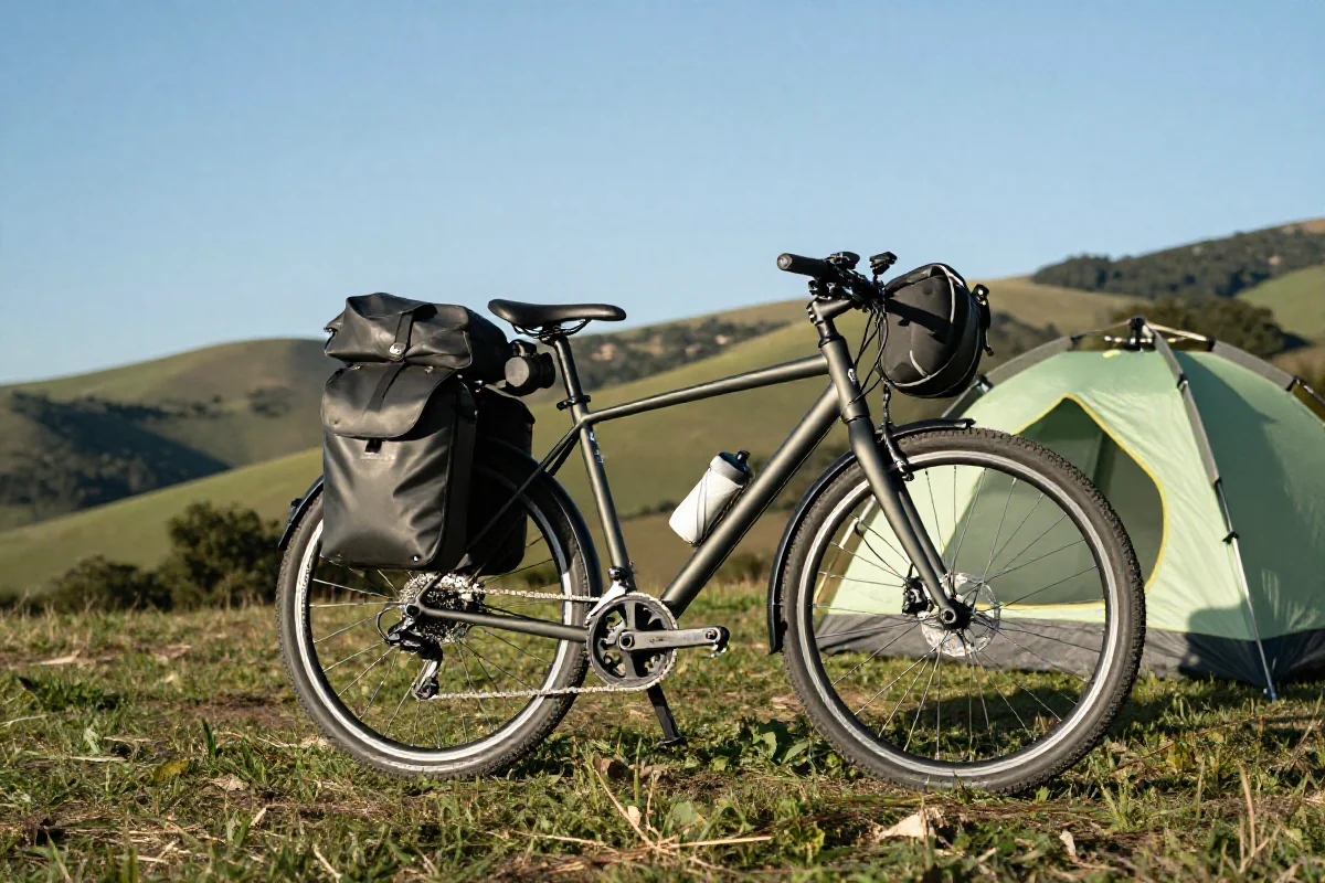 Rower turystyczny przy kempingu, idealny dla turystów rowerowych.