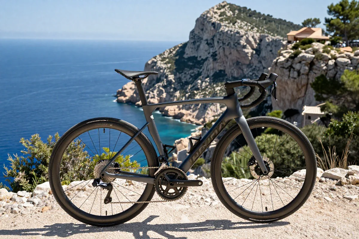 Rower szosowy na klifie Cap Formentor z widokiem na Morze Śródziemne.