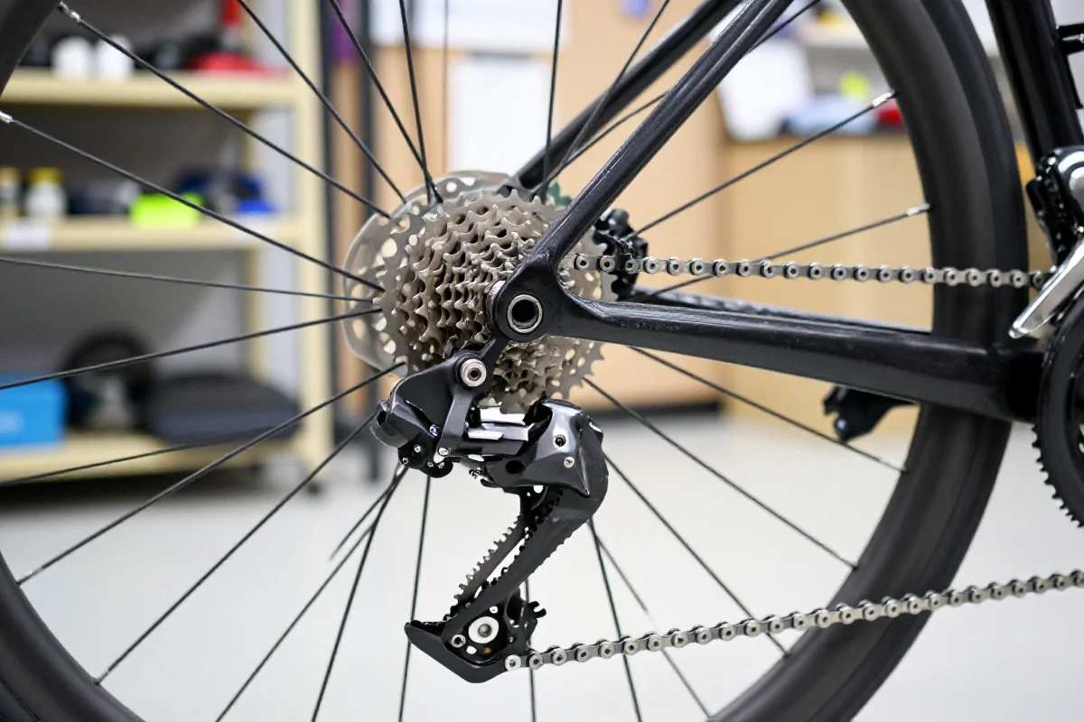 Szczegółowy widok systemu przerzutek roweru szosowego, idealny do carb loadingu.