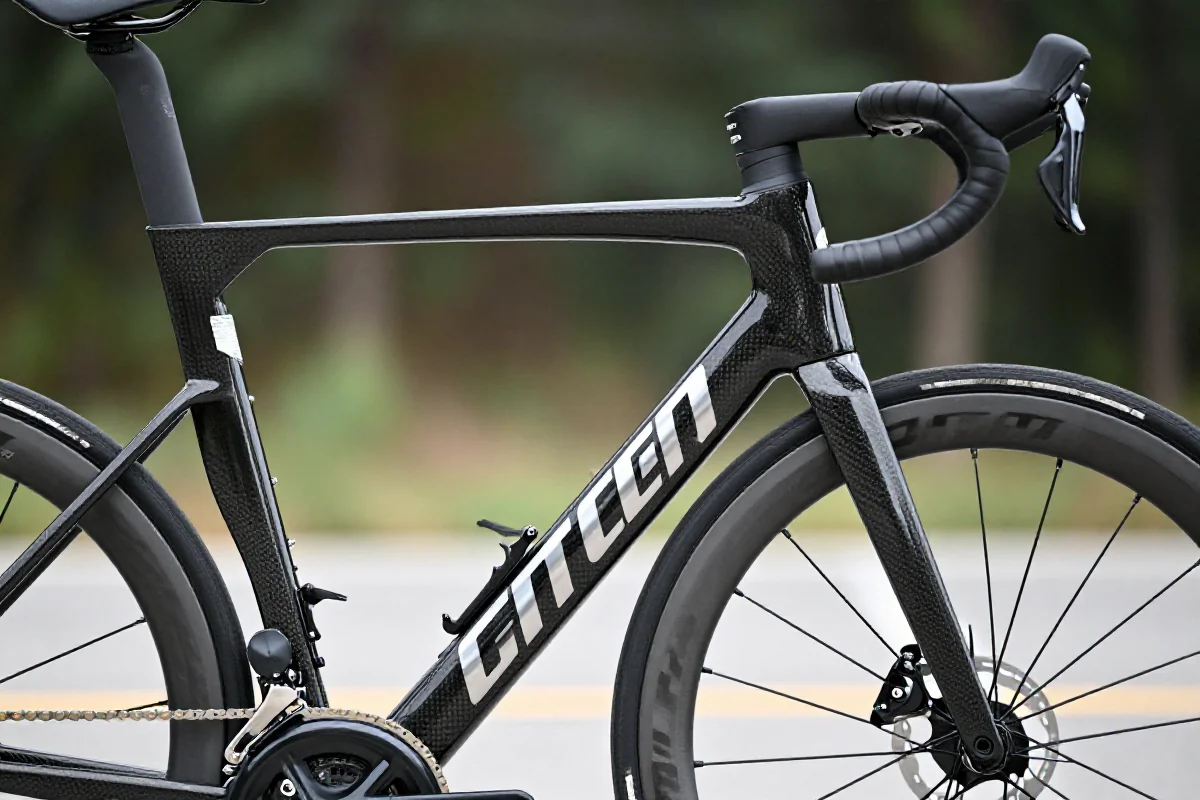 Nowoczesna rama roweru szosowego z włókna węglowego, ukazująca detale i aerodynamiczny kształt.