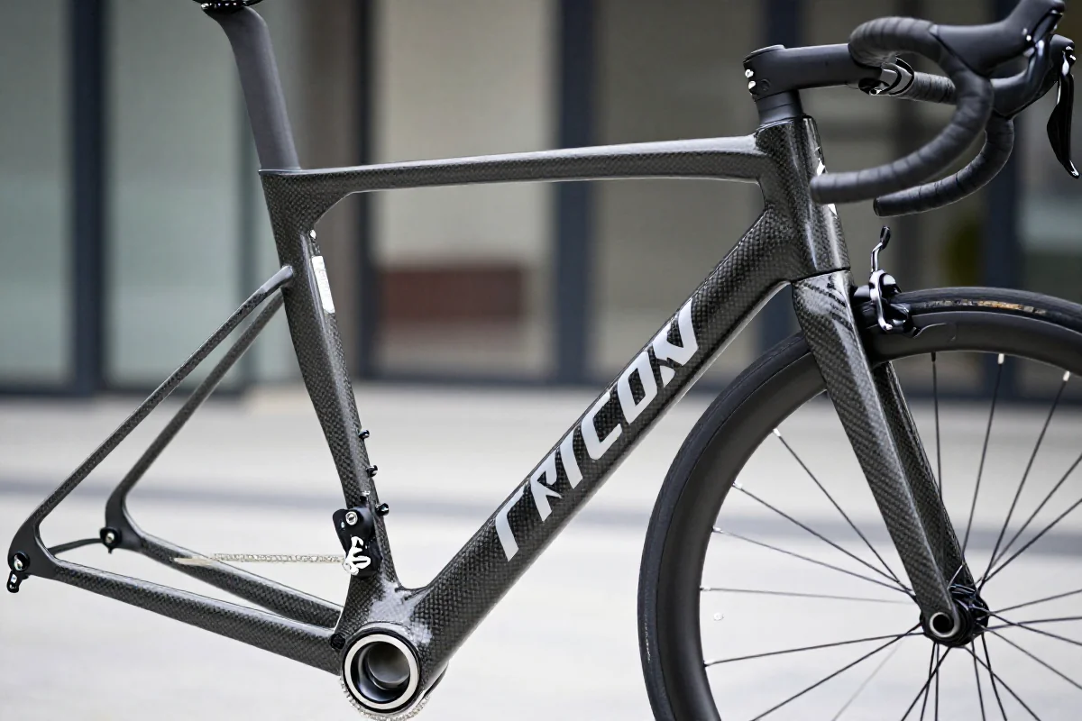 Rama roweru miejskiego z włókna węglowego, ukazująca nowoczesny design i detale.