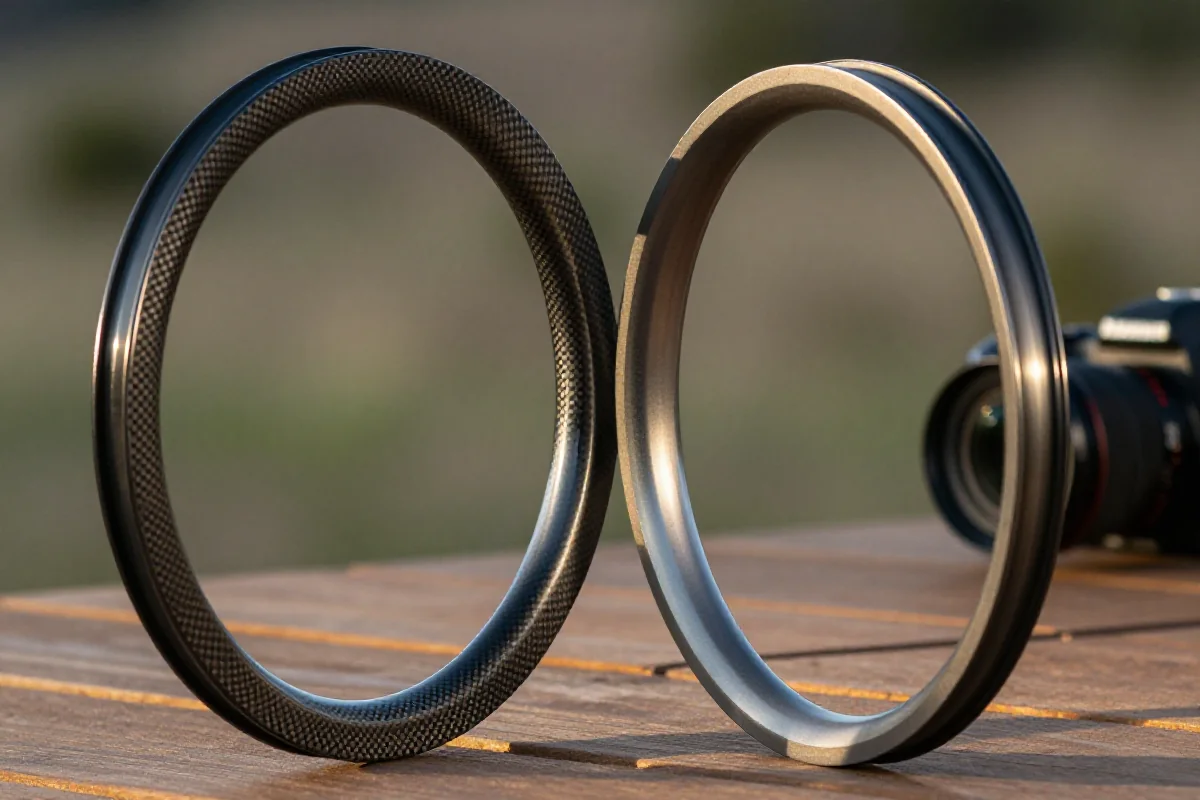 Porównanie obręczy MTB z włókna węglowego i aluminium na stole.