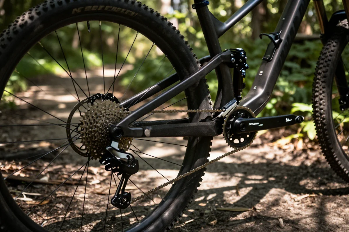 Rower górski na leśnej trasie, szczegóły komponentów technicznych.