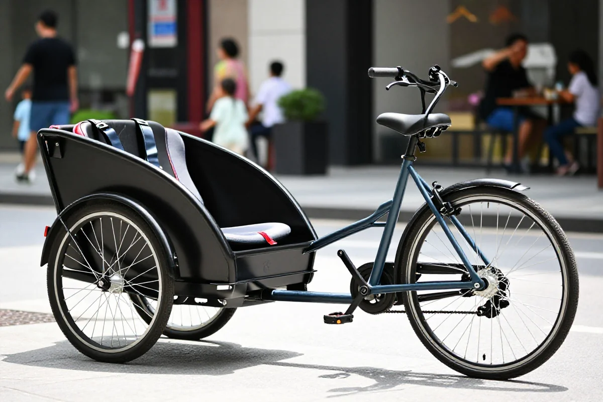 Rower cargo longtail przystosowany do przewozu dzieci w miejskim otoczeniu.
