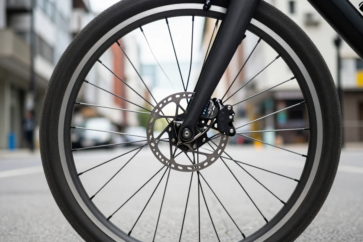 Szczegóły roweru w miejskim otoczeniu, pokazujące koło i hamulce.