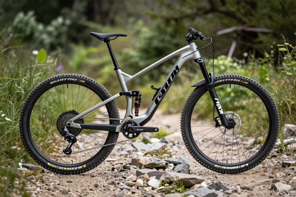 Nowoczesny rower XC na szlaku, ukazujący zaawansowaną geometrię i komponenty.