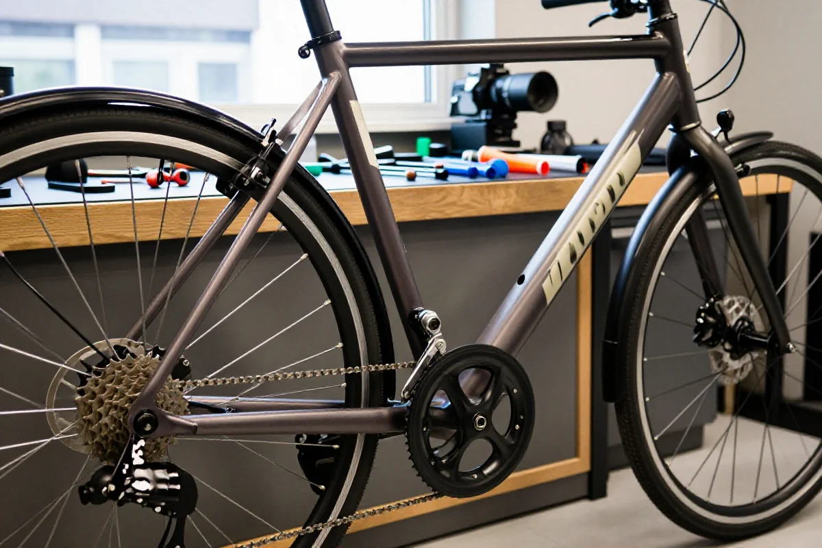 Rower miejski w warsztacie, z wyraźnymi detalami komponentów rowerowych.