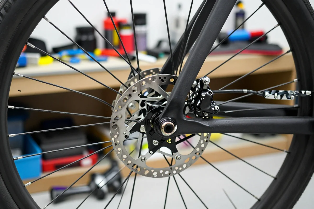 Serwis roweru w warsztacie z widokiem na układ hamulcowy.