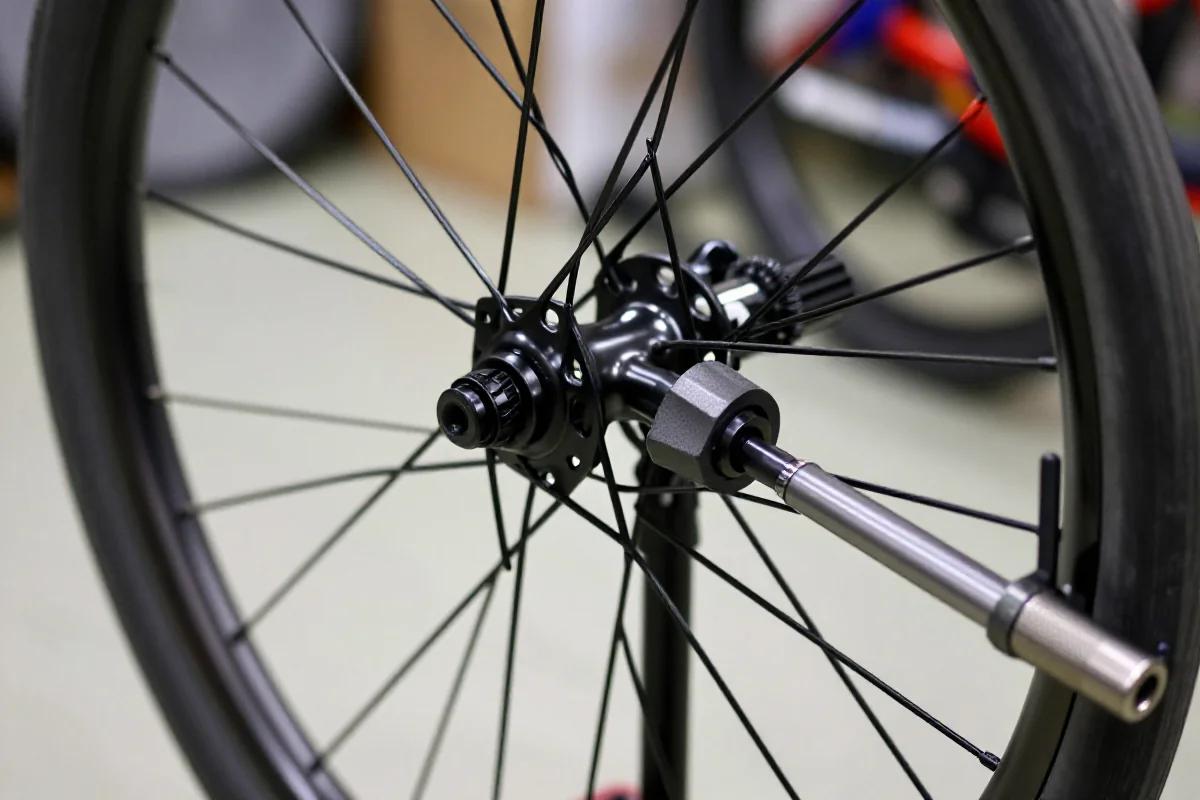 Centrowanie kół rowerowych w warsztacie, detale piasty i szprych.