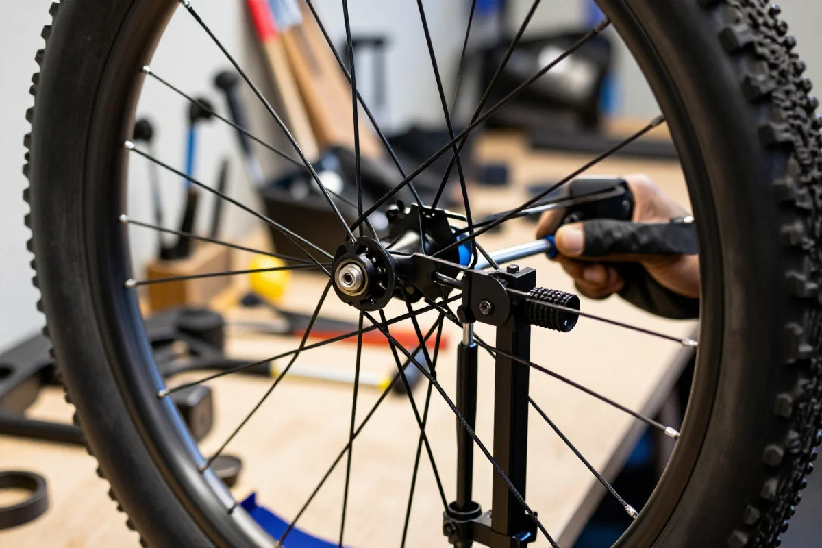Centrowanie kół MTB w warsztacie, z bliska na szprychy i obręcz.