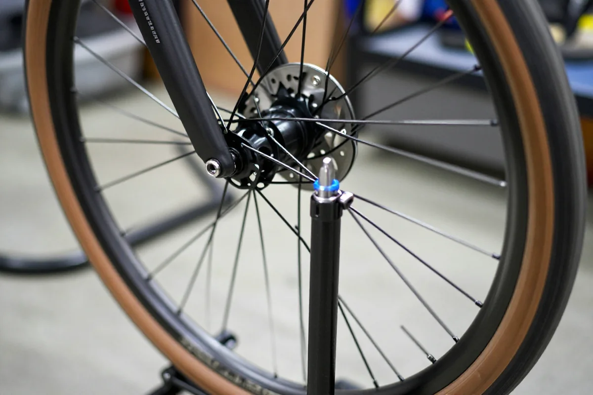 Zbliżenie na centrowanie kół roweru na stojaku serwisowym.