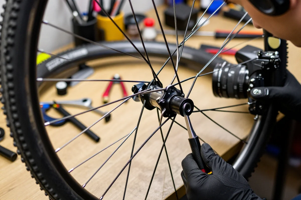 Centrowanie koła roweru górskiego w profesjonalnym warsztacie